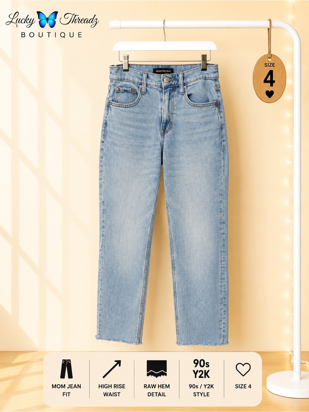 Aeropostale Light Wash Mom Jeans Size 4 High Rise Raw Hem 90s Y2K Denim